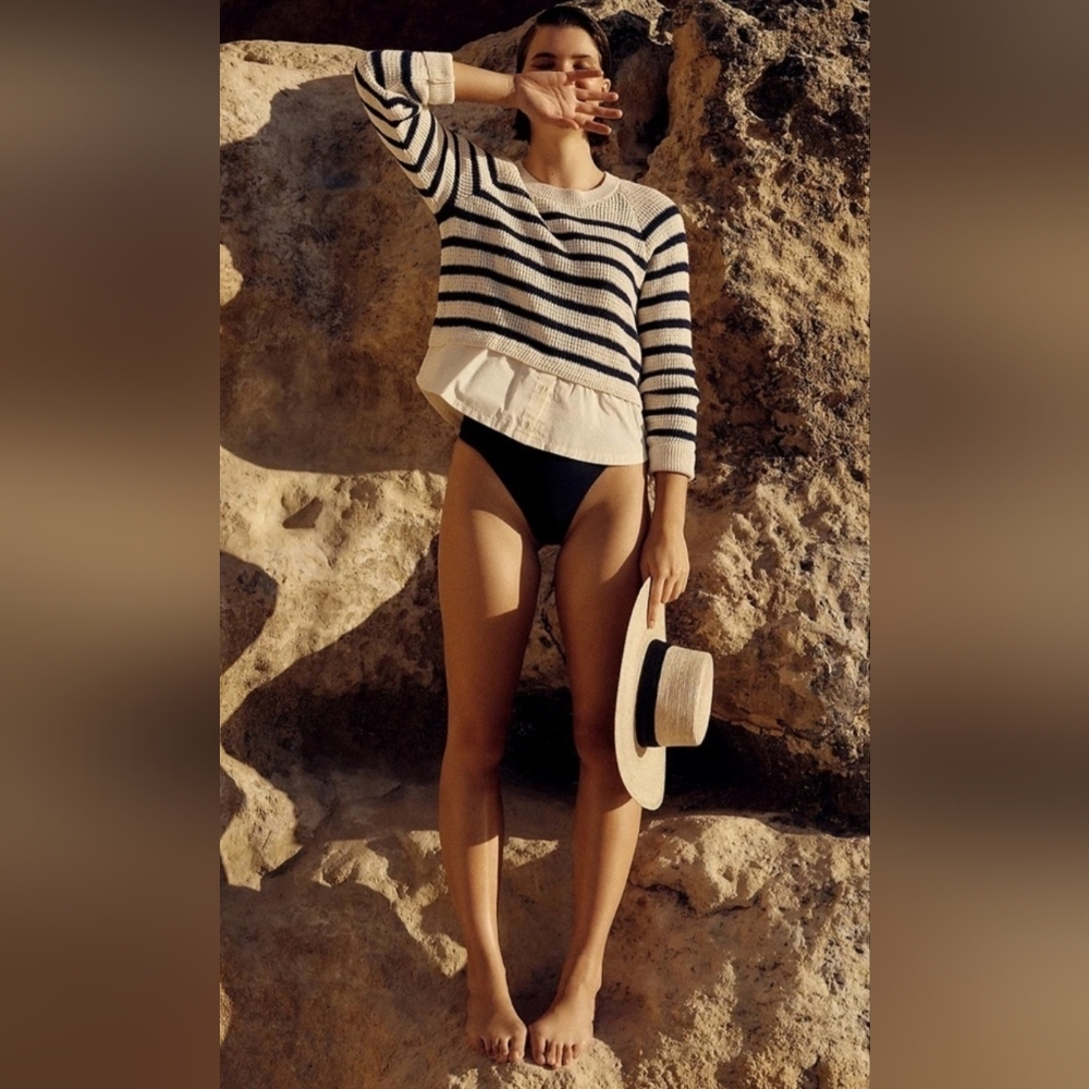 Maeve By "Anthropologie" Navy & Cream Striped Crew Neck Nautical Sweater